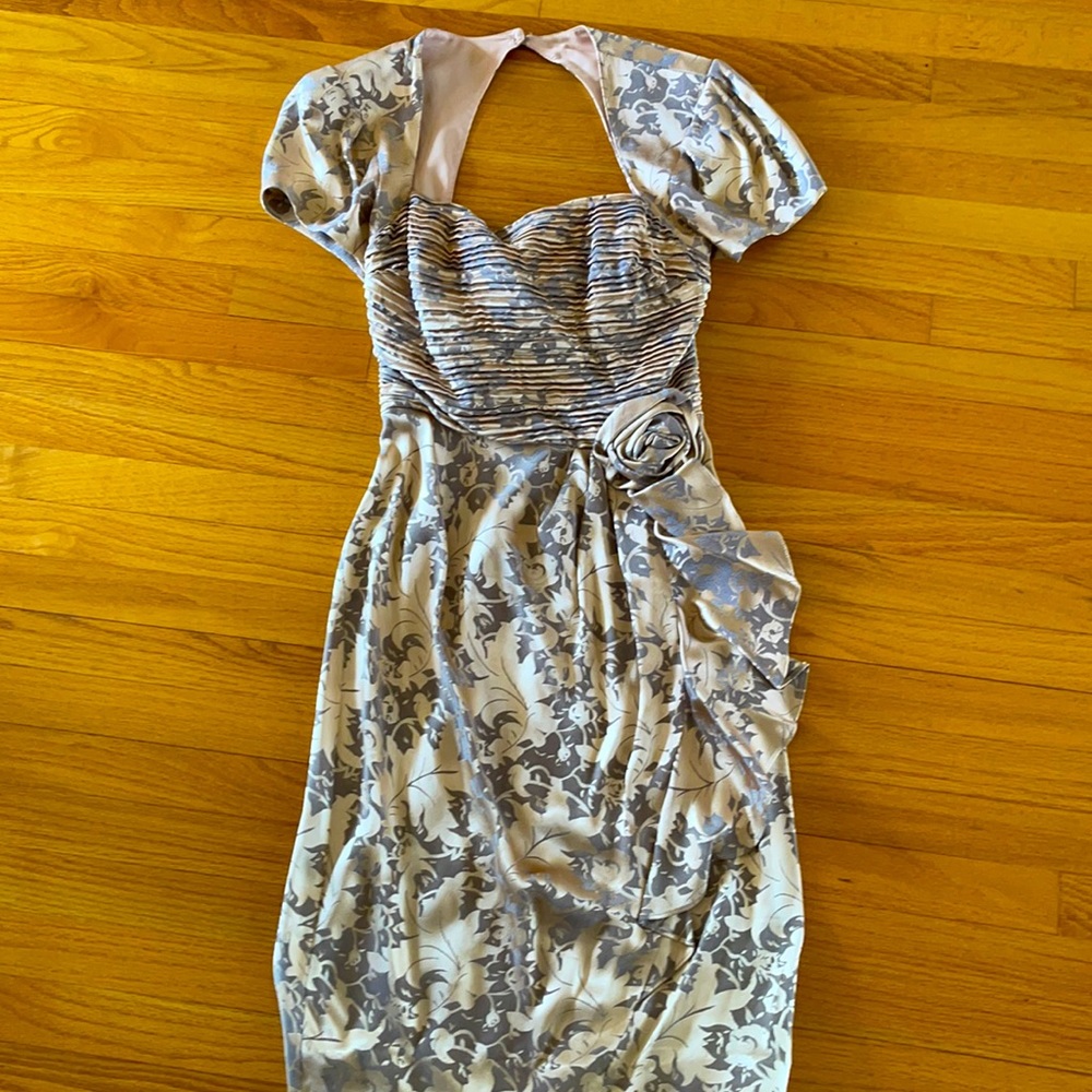 Gold and pewter brocade, very sexy, cocktail dress. Vintage size 12.